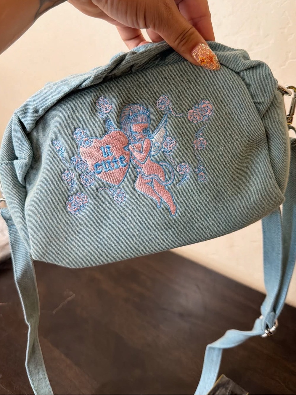 Valfre u cute Blue Denim Angel Embroidered Crossbody Bag